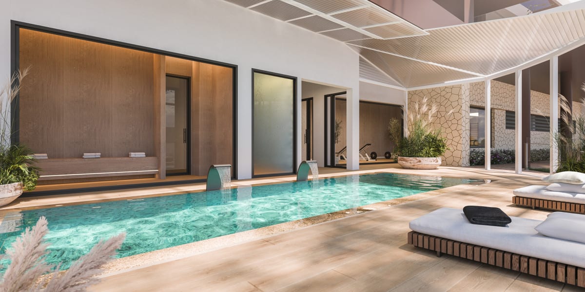 Project visualisation of CORE HIGUERON FASE II featuring a semi-covered pool area, wood-effect tiled flooring, sun loungers, two small waterfalls and wooden wall panelling with indirect lighting.