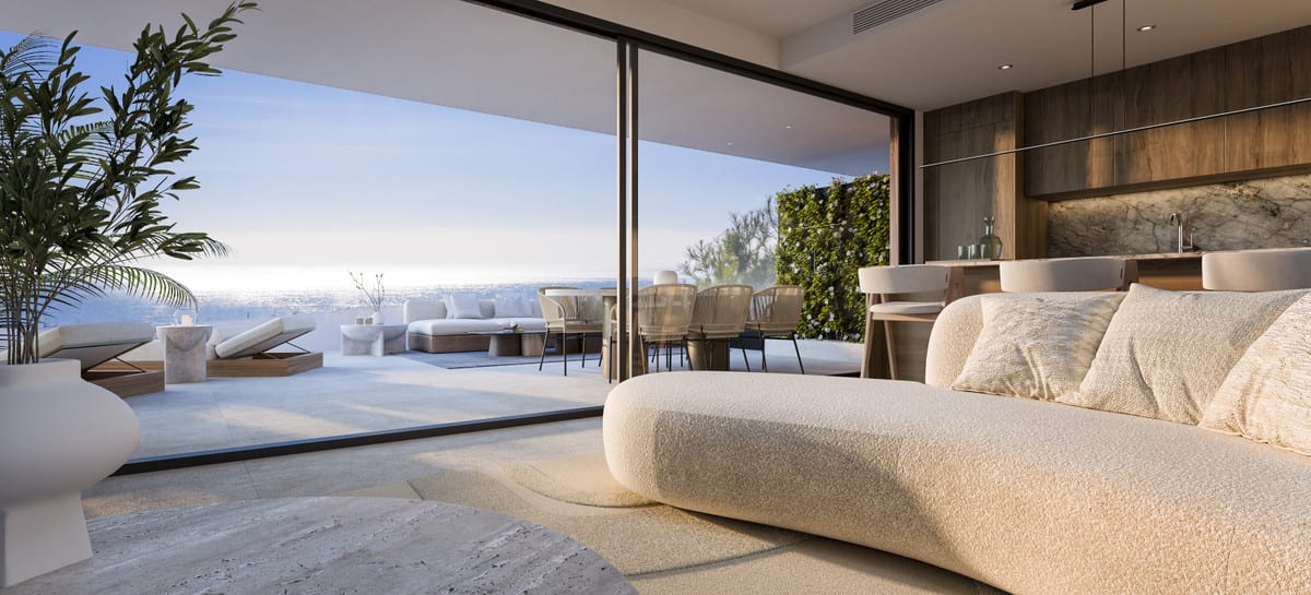 Project visualisation of CORE HIGUERON FASE II featuring an open-plan living room, large sliding glass doors and a terrace with lounge and dining areas overlooking the horizon.