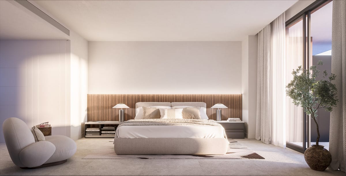 Project visualisation of CORE HIGUERON FASE II featuring a bedroom, upholstered double bed, ribbed accent panel with indirect lighting, round armchair and tall glazed doors with curtains.