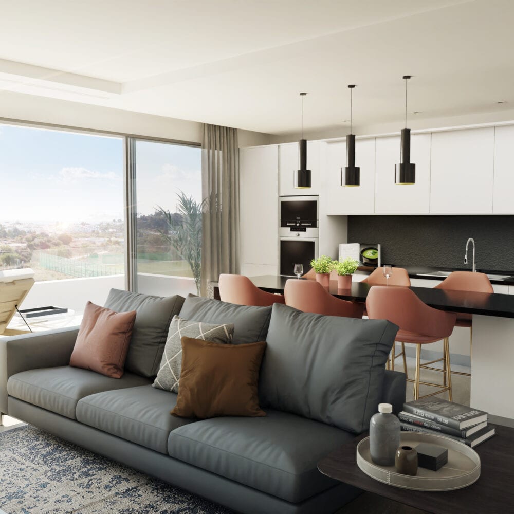 Project visualisation of COSTAFIORE GARDENS - FASE 1 featuring an open-plan living space, grey leather sofa, white kitchen cabinets, dark breakfast bar worktop and terracotta-coloured bar stools.
