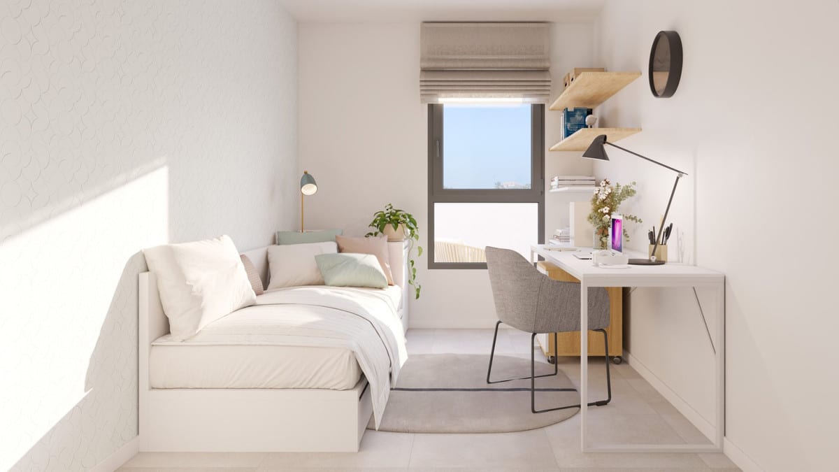 Project visualisation of a bedroom at CULMIA CALA SWING MIJAS FASE II with a single daybed, white desk, grey desk chair, timber wall shelves and a window with a Roman blind.
