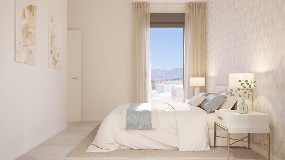Project visualisation of a bedroom at CULMIA CALA SWING MIJAS FASE II with a double bed, a white bedside table with gold legs, a tall sliding door and a geometric-patterned feature wallpaper wall.