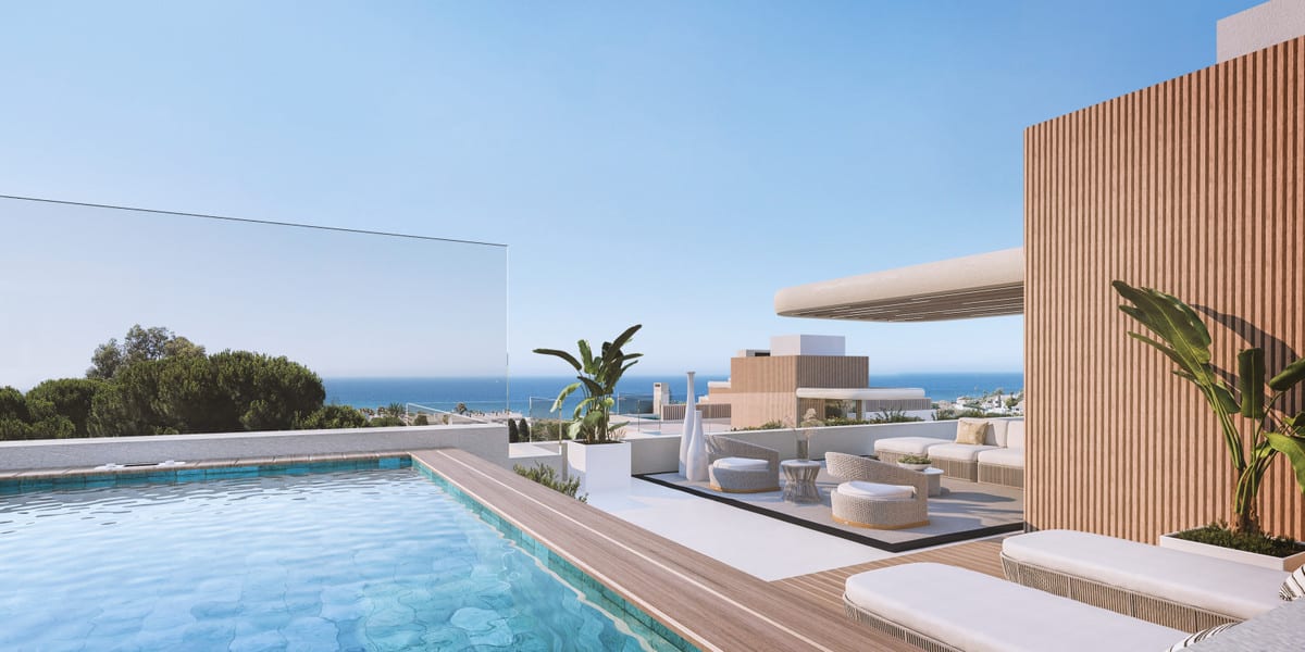 Project visualisation of a terrace at DUNIQUE MARBELLA with a pool, lounge seating and an open view towards the sea.
