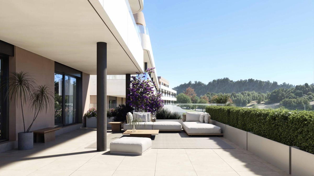 Project visualisation of EAGLE HILLS with a spacious tiled terrace, light lounge sofa, dark column, flowering bougainvillaea and wooded hills in the background.