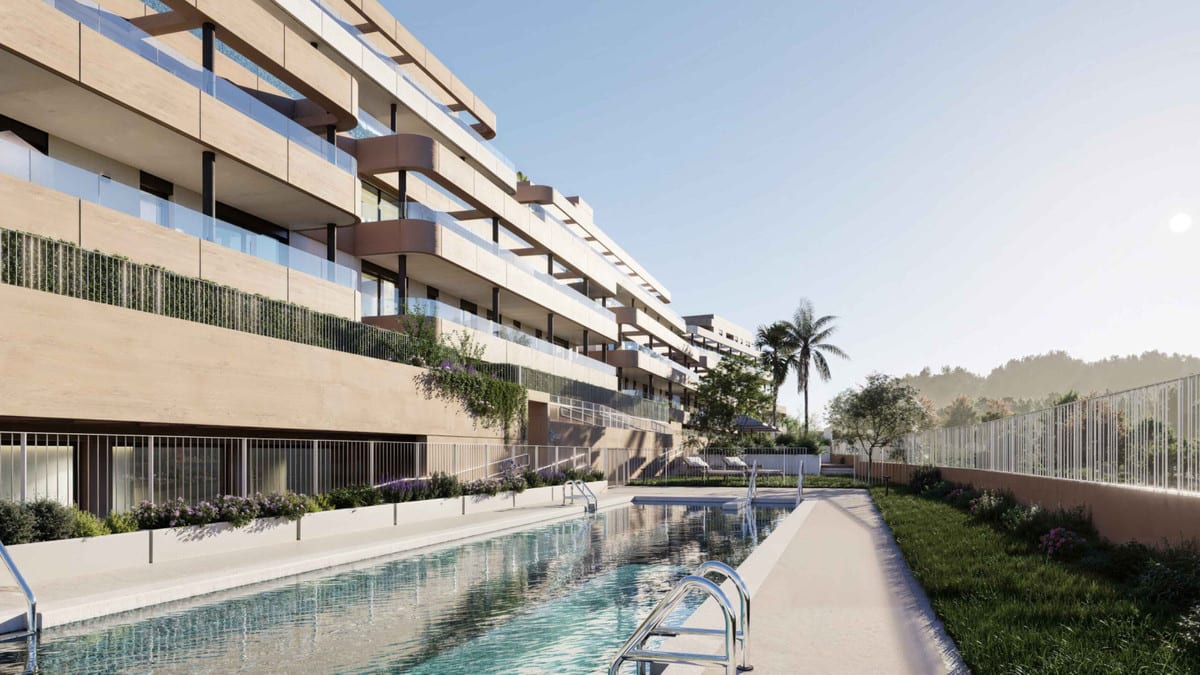 Project visualisation of EAGLE HILLS with a long outdoor swimming pool, metal pool ladder, modern balconies with glass balustrades, a palm tree and landscaped borders with flowering plants.