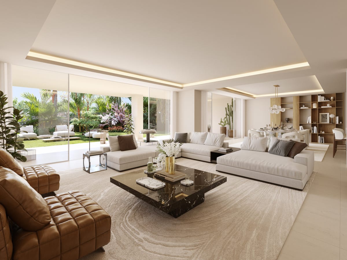 Interior visualisation of EARTH with the main living area and contemporary finishes.