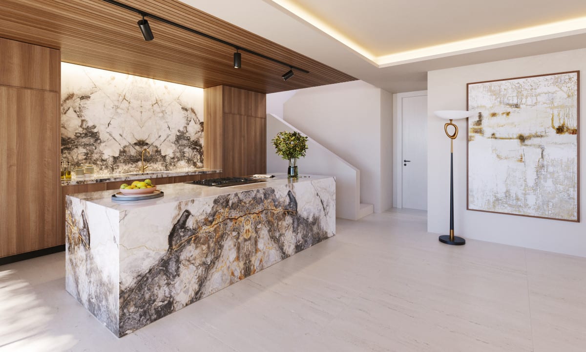 Kitchen visualisation at EARTH with a veined natural-stone island and warm wood finishes.
