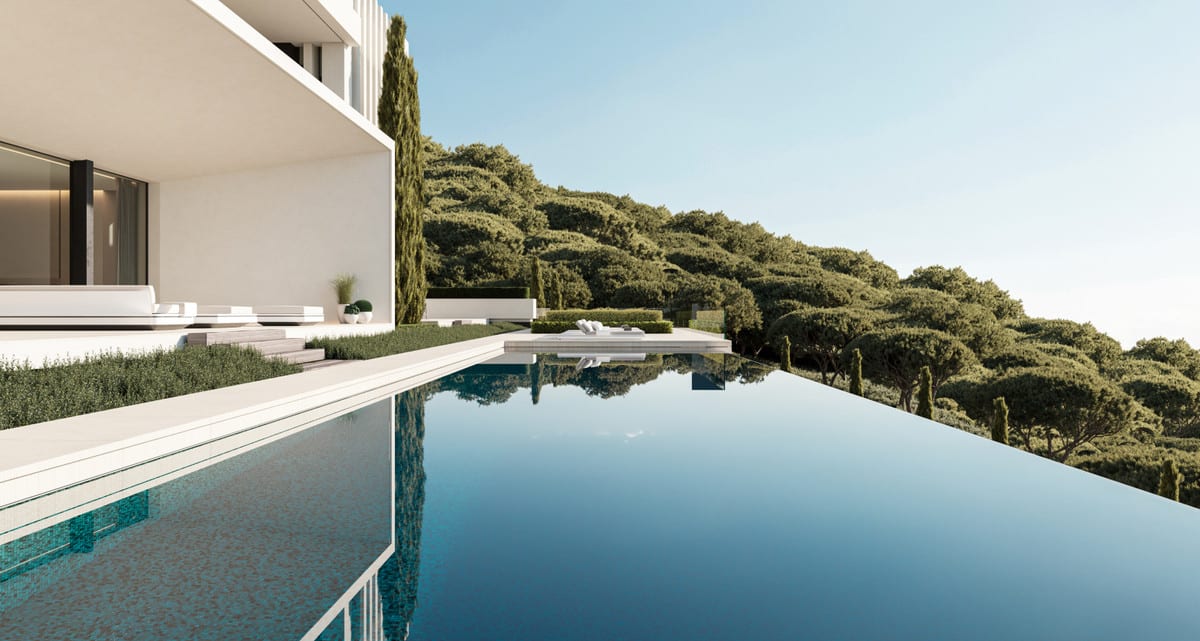 Poolside visualisation of VILLA FOREST BAY, with terrace loungers and surrounding trees.