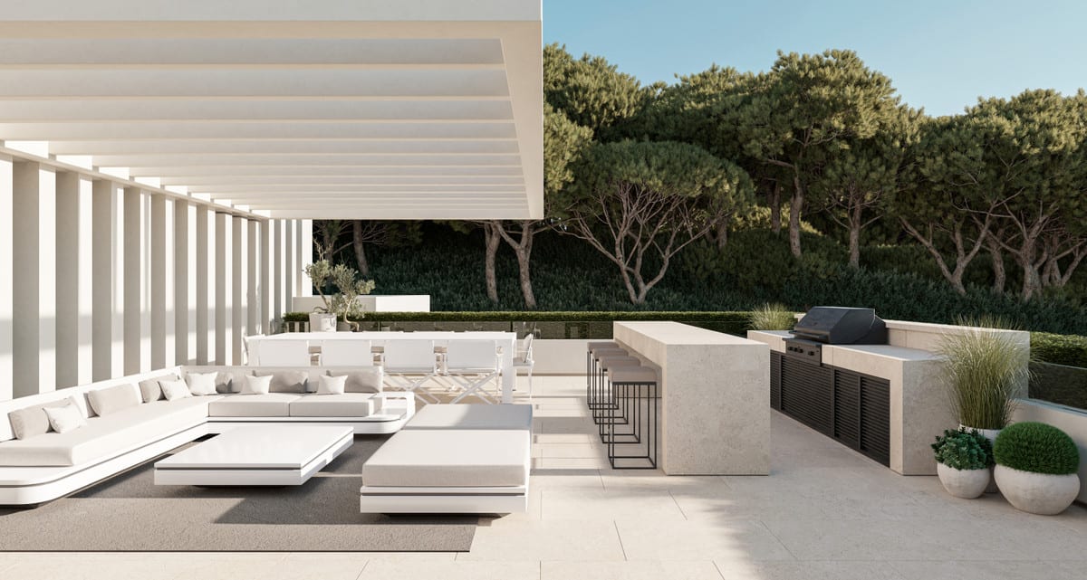 Outdoor lounge and dining terrace of VILLA FOREST BAY, with a bar and barbecue beneath a white slatted canopy.