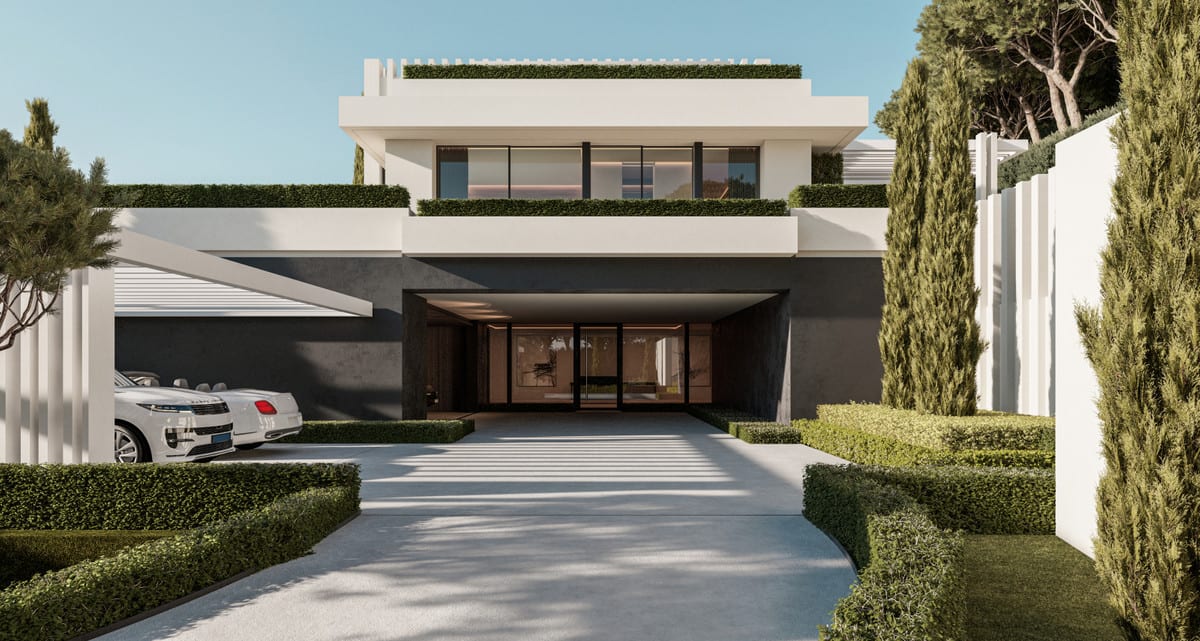 Entrance and driveway visualisation of VILLA FOREST BAY, with two cars beneath a canopy and clipped planting.