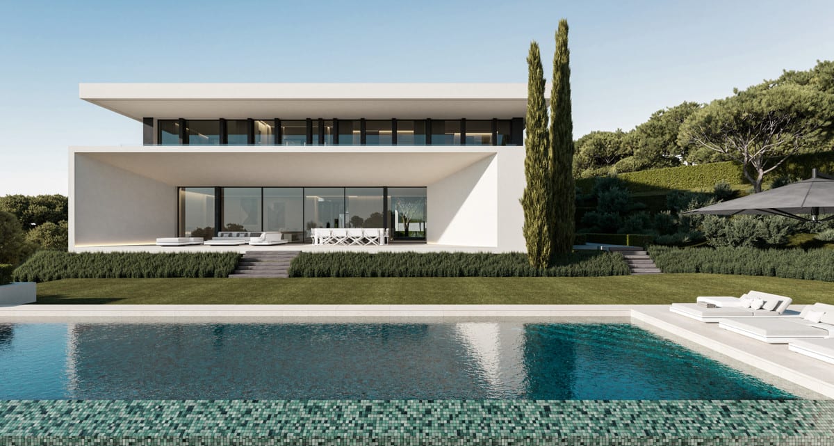Poolside visualisation of VILLA FOREST EDGE showing green mosaic tiles, white terrace furniture and the glazed facade.
