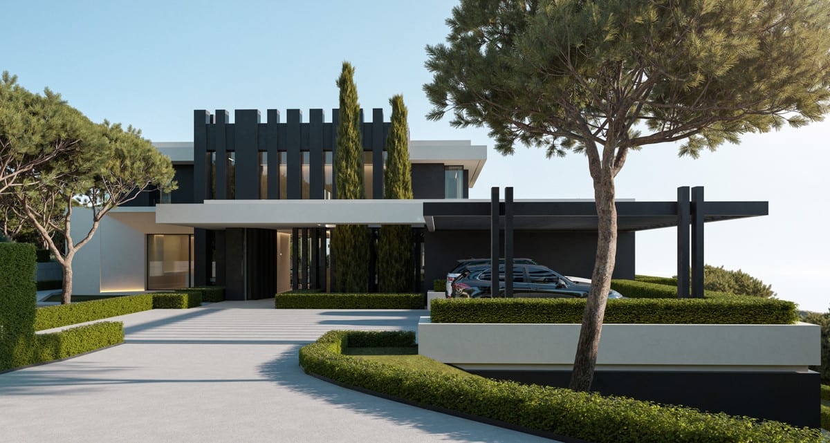 Entrance visualisation of VILLA FOREST EDGE with a broad driveway, dark vertical fins, a carport and clipped hedges.