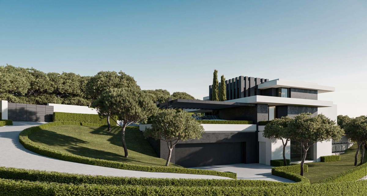 Side view of VILLA FOREST EDGE with layered white and dark volumes, a garage entrance and a curved driveway on a planted slope.
