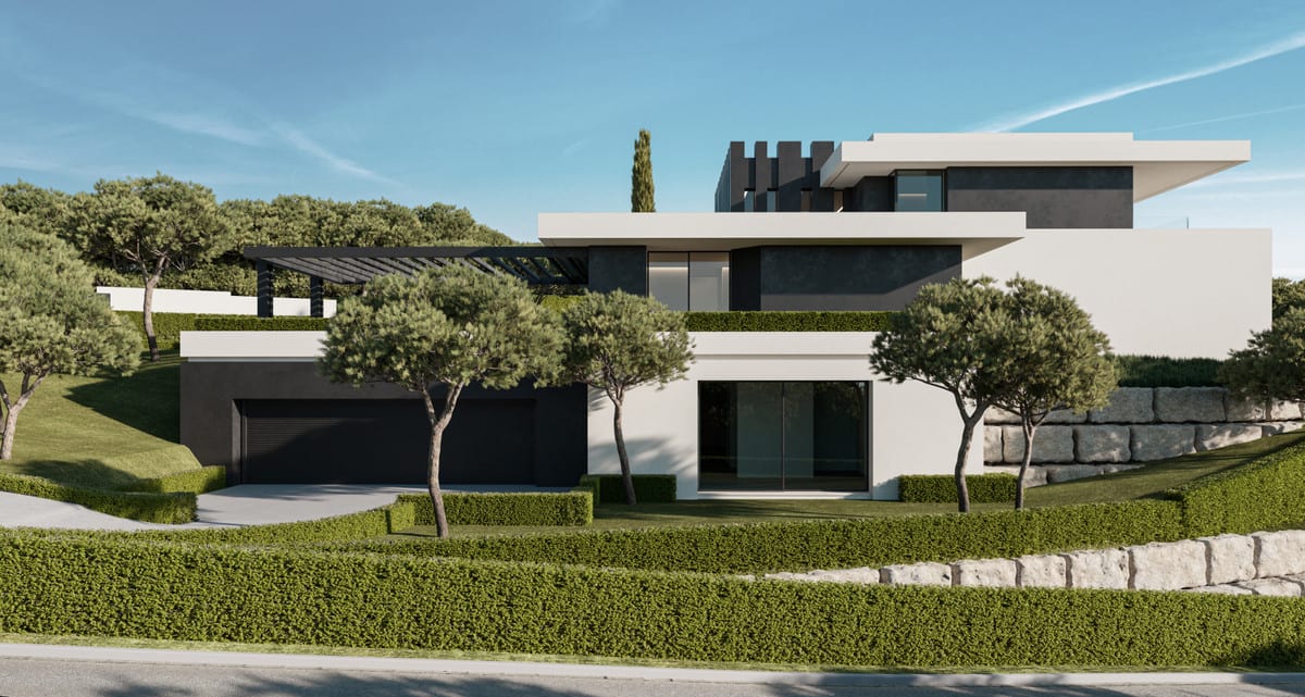 Street-side visualisation of VILLA FOREST EDGE with garage doors, a lower-level glazed facade, pergola and stone retaining wall.