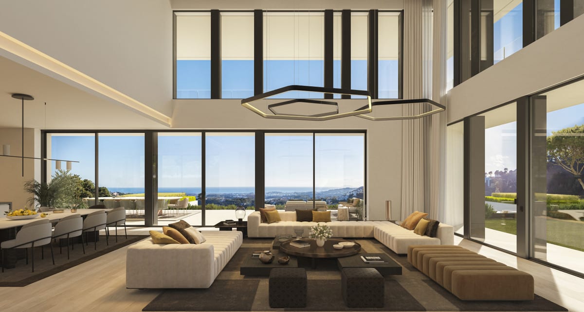 Living-room visualisation of VILLA STONEHAVEN with a double-height ceiling, geometric pendant lights and broad glazing towards the coast.