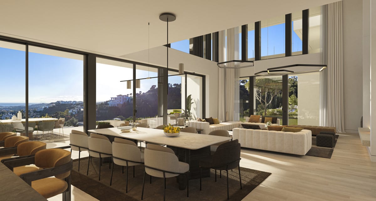 Interior visualisation of EL BOSQUE II - VILLA STONEHAVEN with the main living area and contemporary finishes.