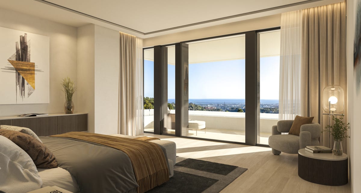 Bedroom visualisation of VILLA STONEHAVEN with neutral tones, wall art, an armchair and sliding glass doors onto the terrace.
