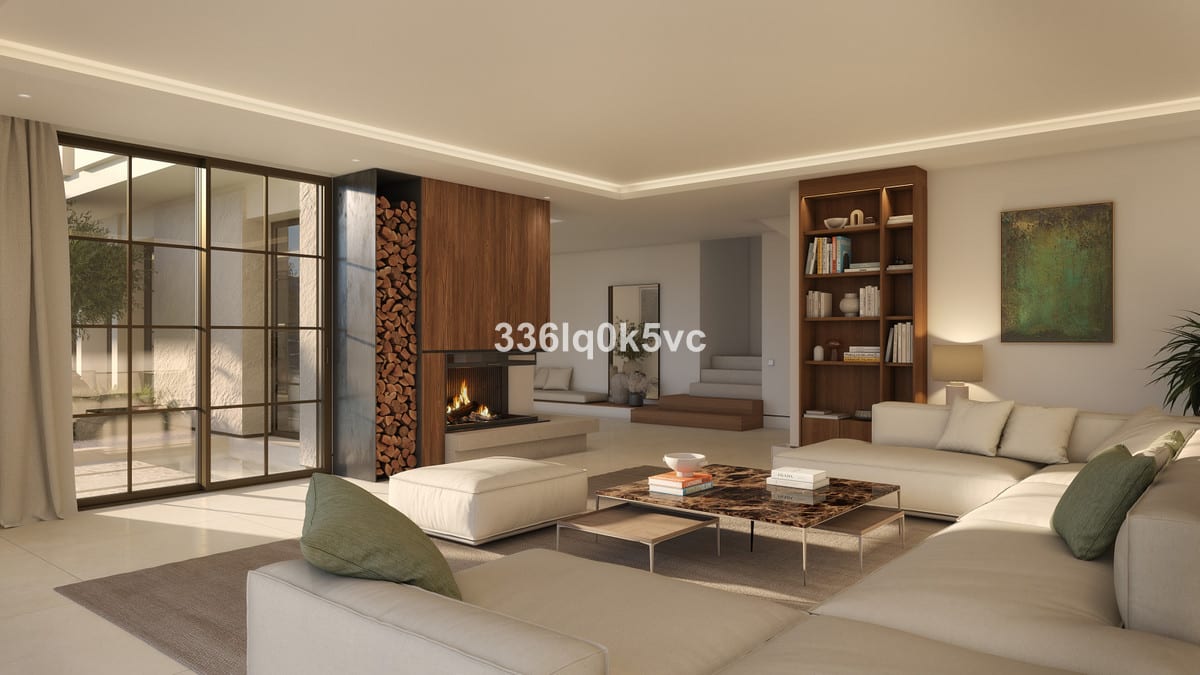 Living-room visualisation of EL QUEJIGAL with a fireplace, log storage, bookcase and large glazed doors opening towards the terrace.