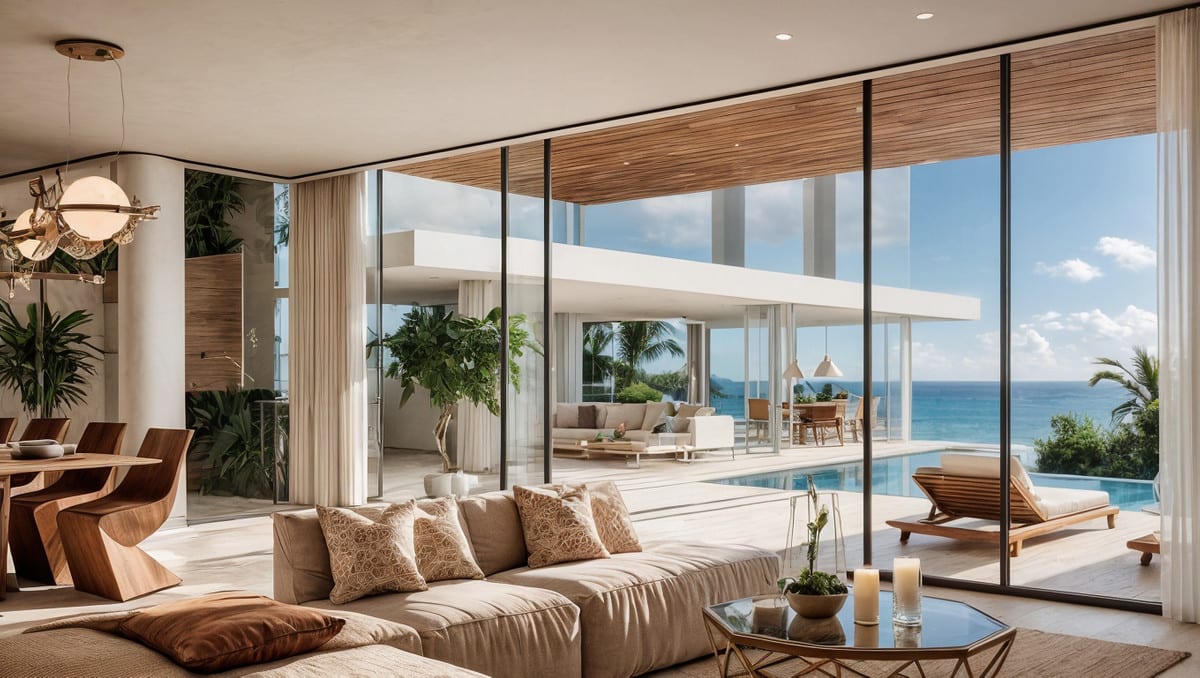 Living room visualisation with a pale sofa and full-height glazing towards the pool terrace.