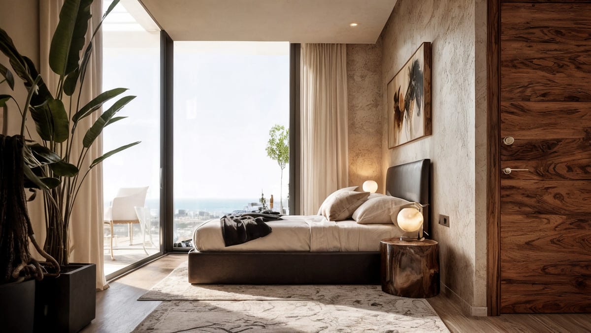 Bedroom visualisation in warm tones with a bedside lamp and tall glazing.