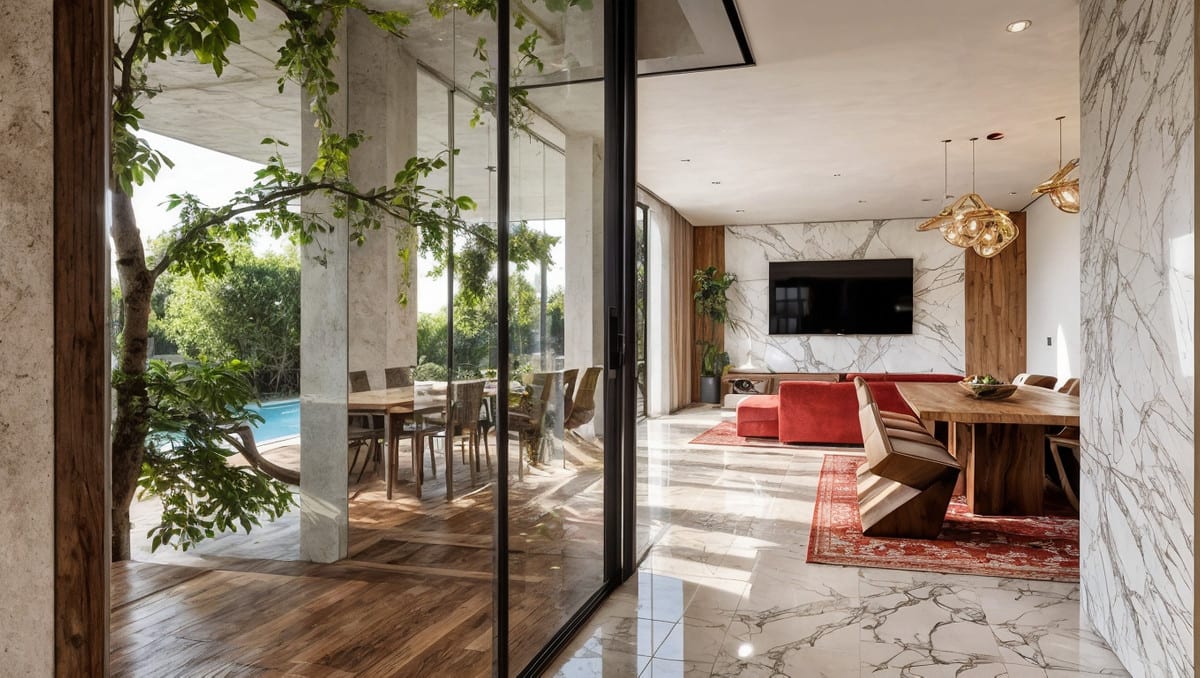 Visualisation of a living and dining area with a red sofa, wall-mounted television and doors to the terrace.