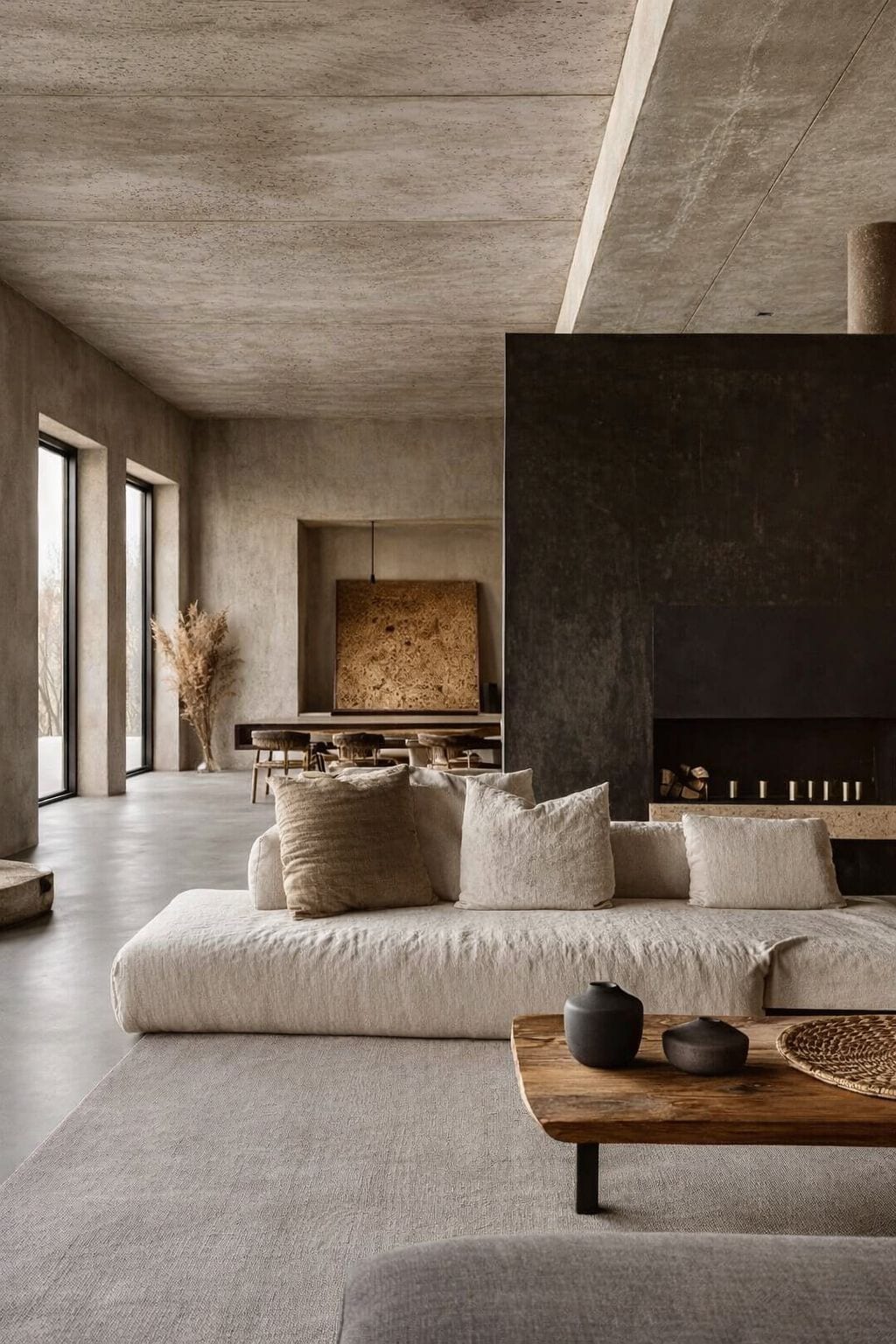 Living room visualisation with a pale sofa, low coffee table and dark fireplace wall.