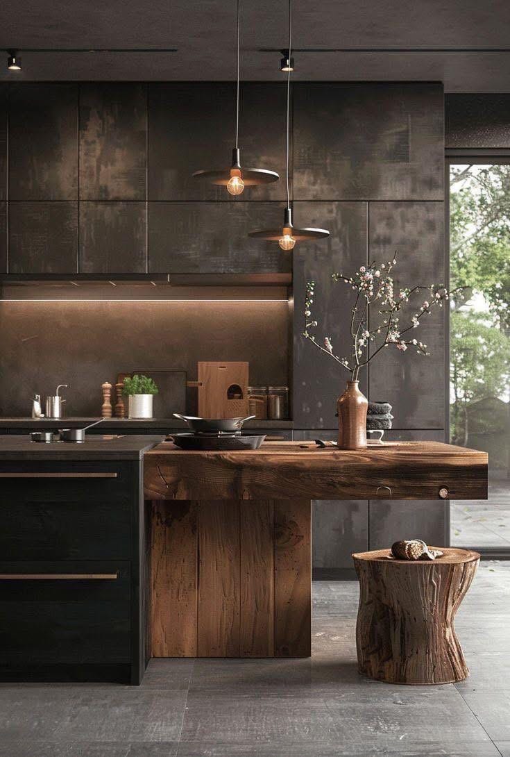 Kitchen visualisation with dark cabinetry, a wooden island and pendant lights.