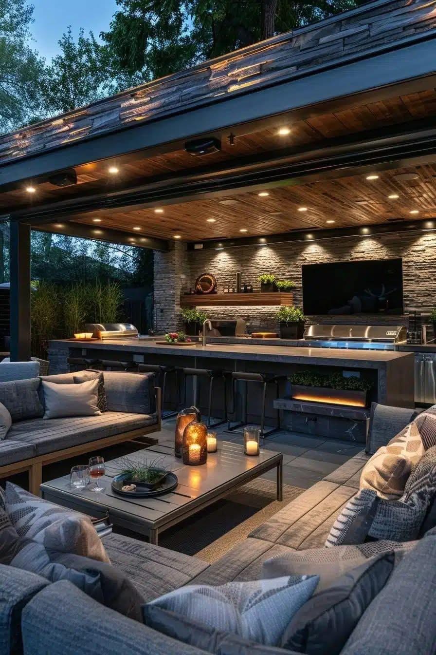 Visualisation of a covered outdoor lounge with an outdoor kitchen, bar stools and lanterns.