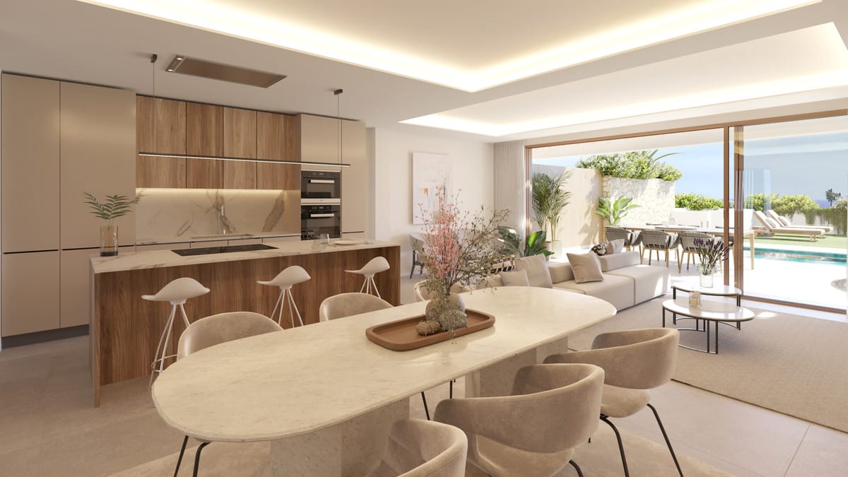 Project visualisation of ELYSEA SUITES with an open-plan kitchen with island, dining table, seating area and sliding glass doors leading to a terrace with a visible swimming pool.