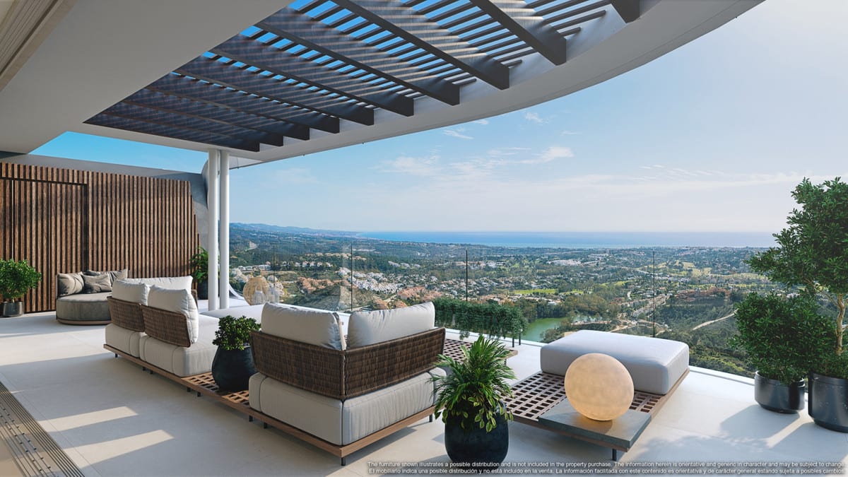 Rendering of a terrace with a pergola and views towards the sea.