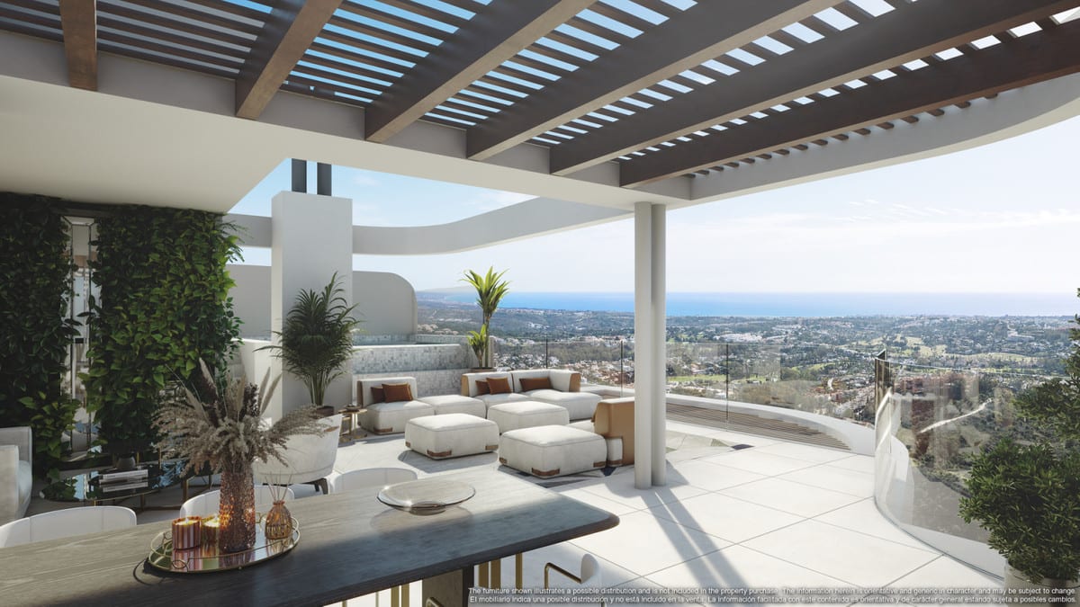 Terrace visualisation with a wooden pergola, outdoor dining and lounge areas, and a view towards the sea.