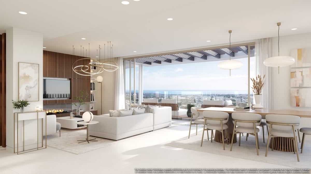 Visualisation of an open living and dining area with a fireplace, television and large glazed doors to the terrace.