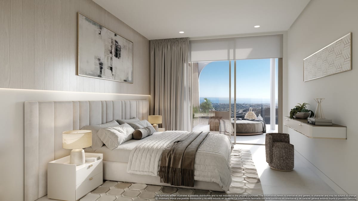 Bedroom visualisation of ENEBROS FASE 1 with calm finishes and a residential atmosphere.