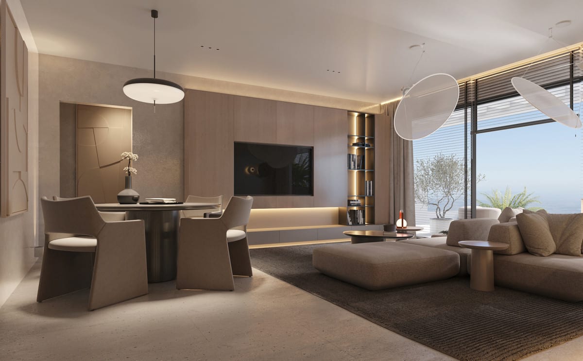 Interior visualisation of EQUILIBRIO APARTMENTS with a dining table, chairs, sofa, rug, wall unit with TV and large windows.