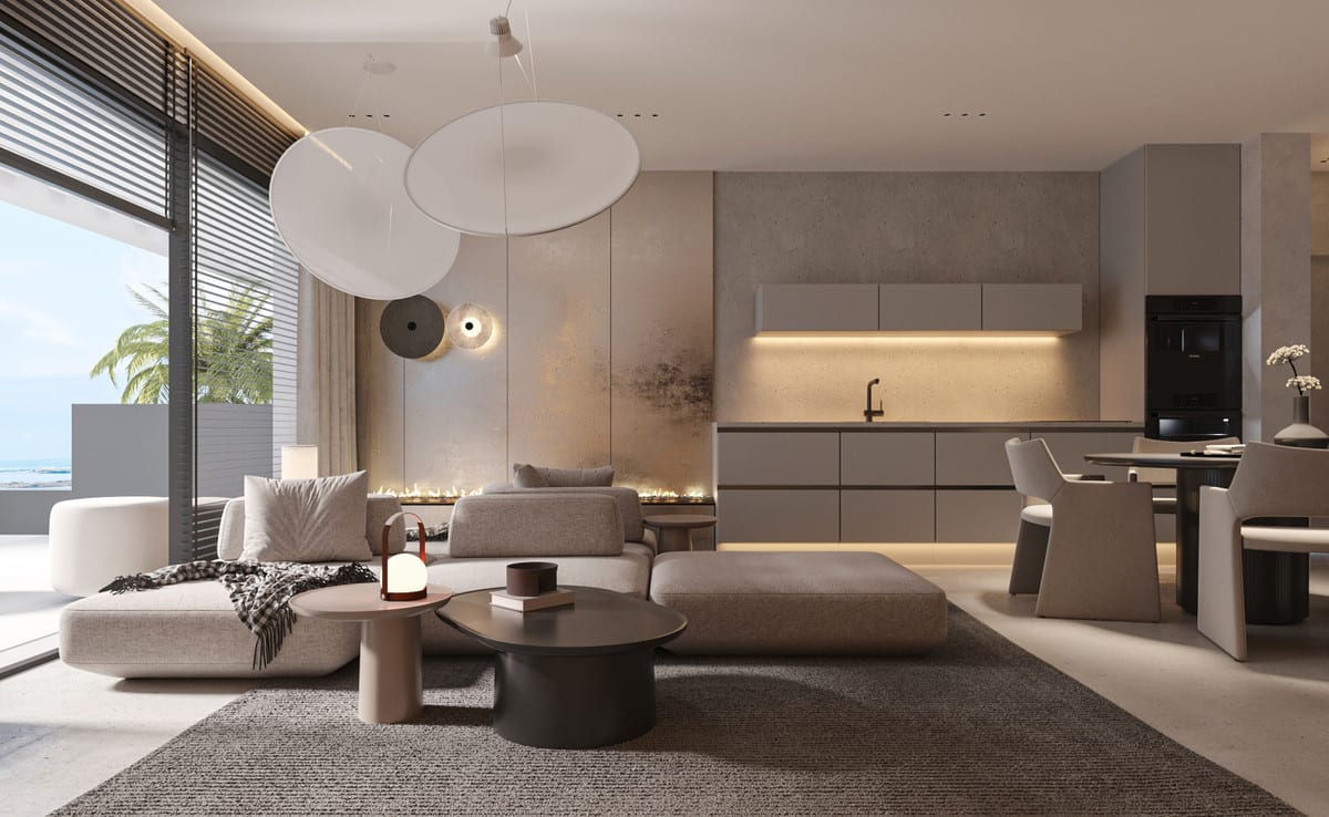 Interior visualisation of EQUILIBRIO APARTMENTS with an open-plan kitchen, dining area, light-grey sofa, coffee tables and sculptural pendant lights.