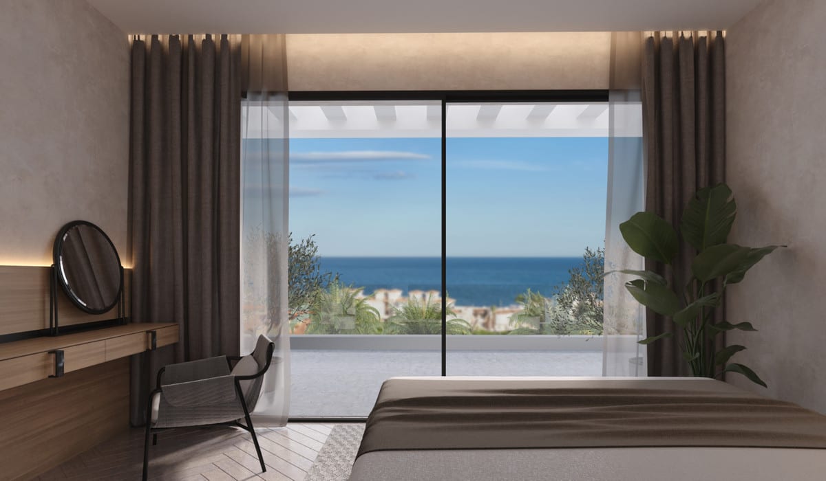Interior visualisation of EQUILIBRIO APARTMENTS with a bed, wooden dressing table with round mirror, chair, dark curtains and glass sliding door.