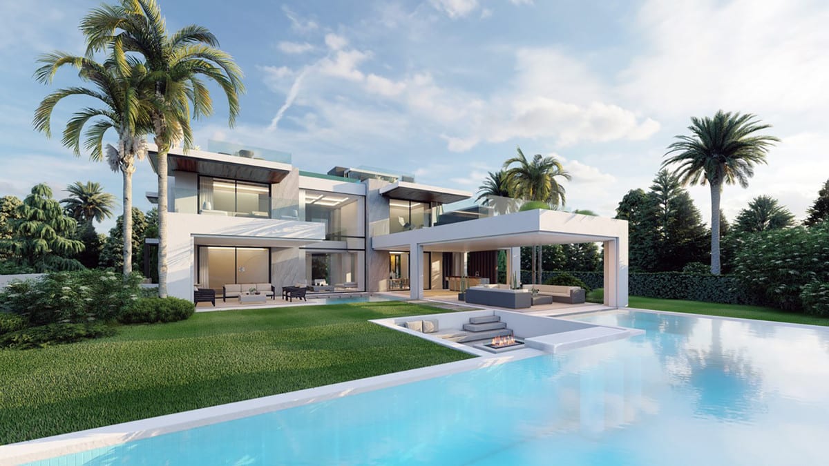 Exterior visualisation of ERNIRA with a pool, sunken seating area with a fire pit, lawn and surrounding planting.