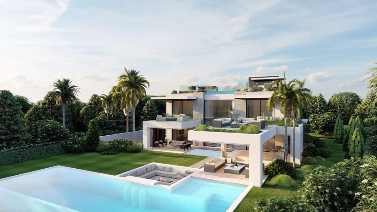 Elevated exterior visualisation of ERNIRA showing the terraces, pool and sunken seating area with a fire pit.