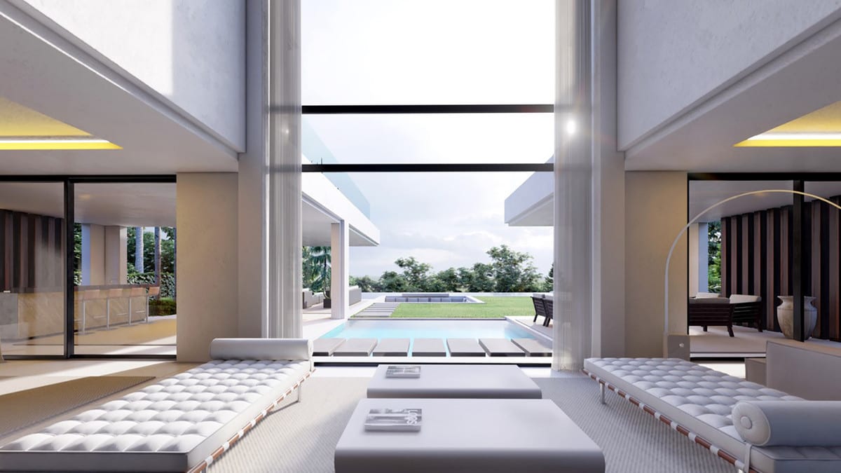 Interior visualisation of ERNIRA with a high ceiling, white upholstered loungers and an open view towards the pool and garden.
