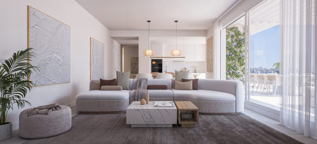 Az ETHERNA HOMES II belső látványterve nagy, íves sarokkanapéval, márványhatású dohányzóasztallal, a háttérben nyitott konyhával és a berendezett teraszra nyíló üveg tolóajtókkal.