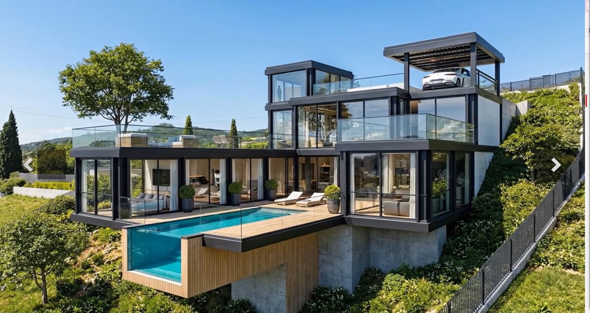 Daytime visualisation of a hillside villa with broad glazing, terraces and a rectangular pool.