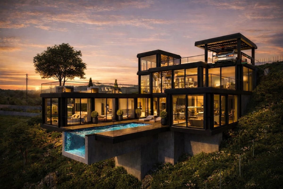 Evening visualisation with illuminated interiors and pool beneath an orange sky.