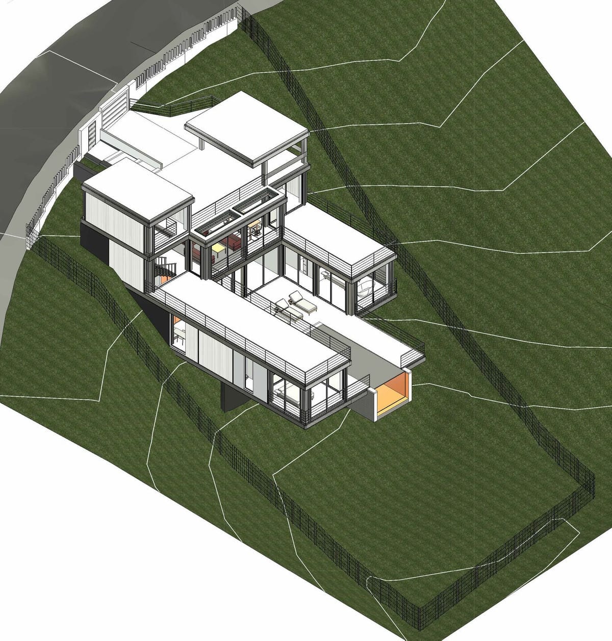 Architectural model showing the villa on sloping terrain with a depicted boundary fence.