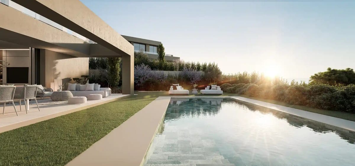 Visualisation along the swimming pool towards a covered seating area and planted garden.