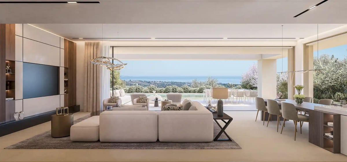 Visualisation of an open living and dining area with wide glazed doors towards the terrace.