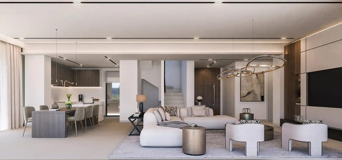 Visualisation of a living and dining area with an open kitchen and central staircase.