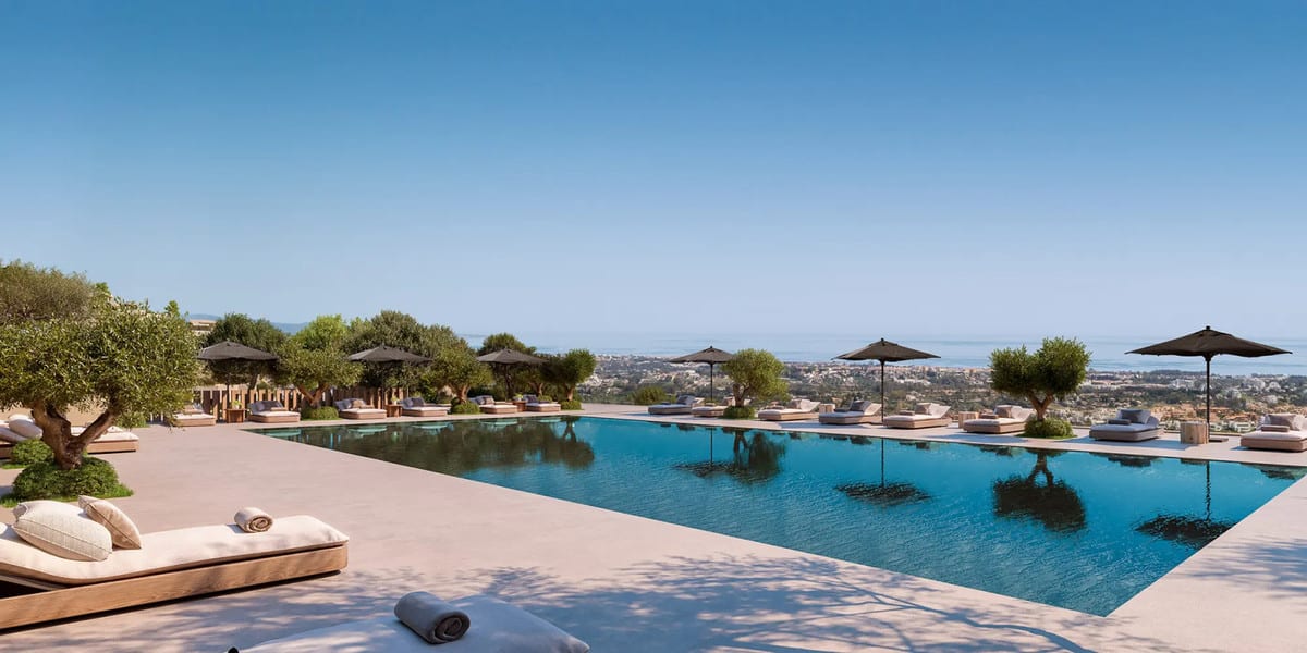 Visualisation of a swimming pool with sun loungers, parasols and a view towards the coast.