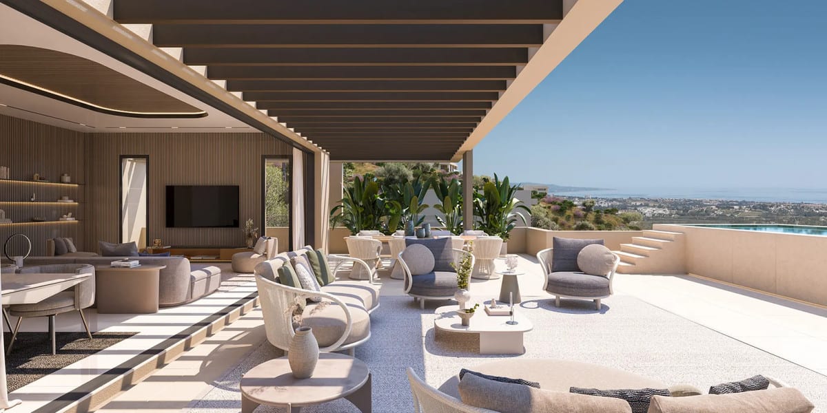 Visualisation of a covered terrace with lounge seating, an outdoor dining area and an adjoining living room.