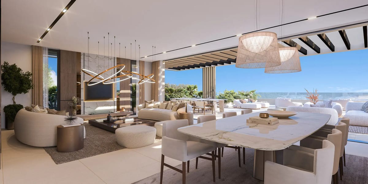 Visualisation of an open living and dining area leading onto a terrace.