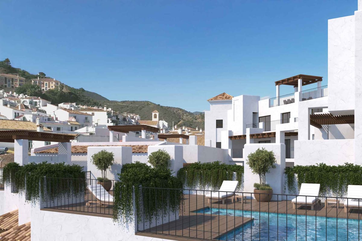 Rendered visualisation of FUENTE LIRIOS with a swimming pool, wooden sun deck, sun loungers, black fencing and white buildings set against green hills.